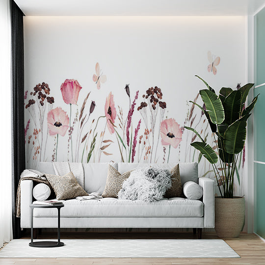 Custom Watercolor Wildflower Field Wall Mural - Pastel Pink Poppies and Meadow Flowers Wallpaper