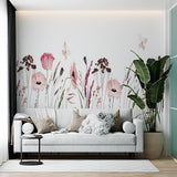 Watercolor Wildflower Field Wall Mural - Pastel Pink Poppies and Meadow Flowers Wallpaper