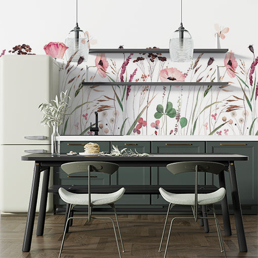 Watercolor Wildflower Field Wall Mural - Pastel Pink Poppies and Meadow Flowers Wallpaper