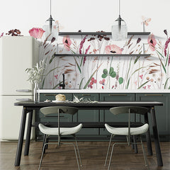 Custom Watercolor Wildflower Field Wall Mural - Pastel Pink Poppies and Meadow Flowers Wallpaper