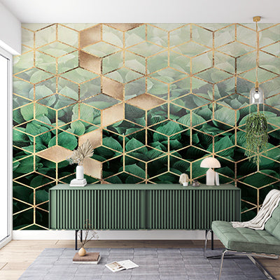 Luxurious Geometric Honeycomb Pattern with Tropical Leaves and Gold Accents Wallpaper