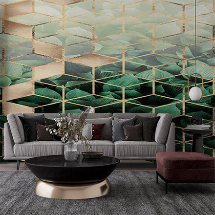 Luxurious Geometric Honeycomb Pattern with Tropical Leaves and Gold Accents Wallpaper