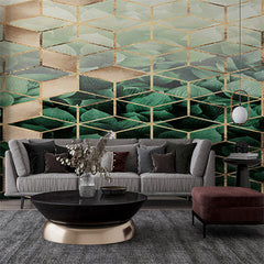 Custom Luxurious Geometric Honeycomb Pattern with Tropical Leaves and Gold Accents Wallpaper