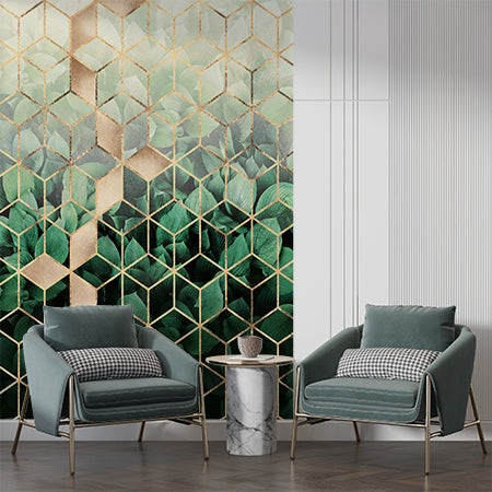 Luxurious Geometric Honeycomb Pattern with Tropical Leaves and Gold Accents Wallpaper