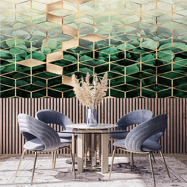 Luxurious Geometric Honeycomb Pattern with Tropical Leaves and Gold Accents Wallpaper