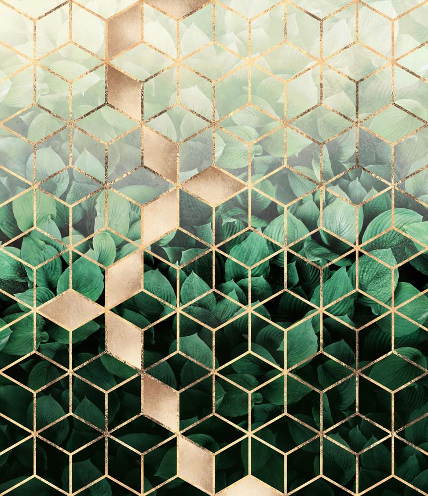 Luxurious Geometric Honeycomb Pattern with Tropical Leaves and Gold Accents Wallpaper