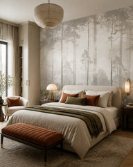 Ethereal misty forest wallpaper in a designer bedroom.