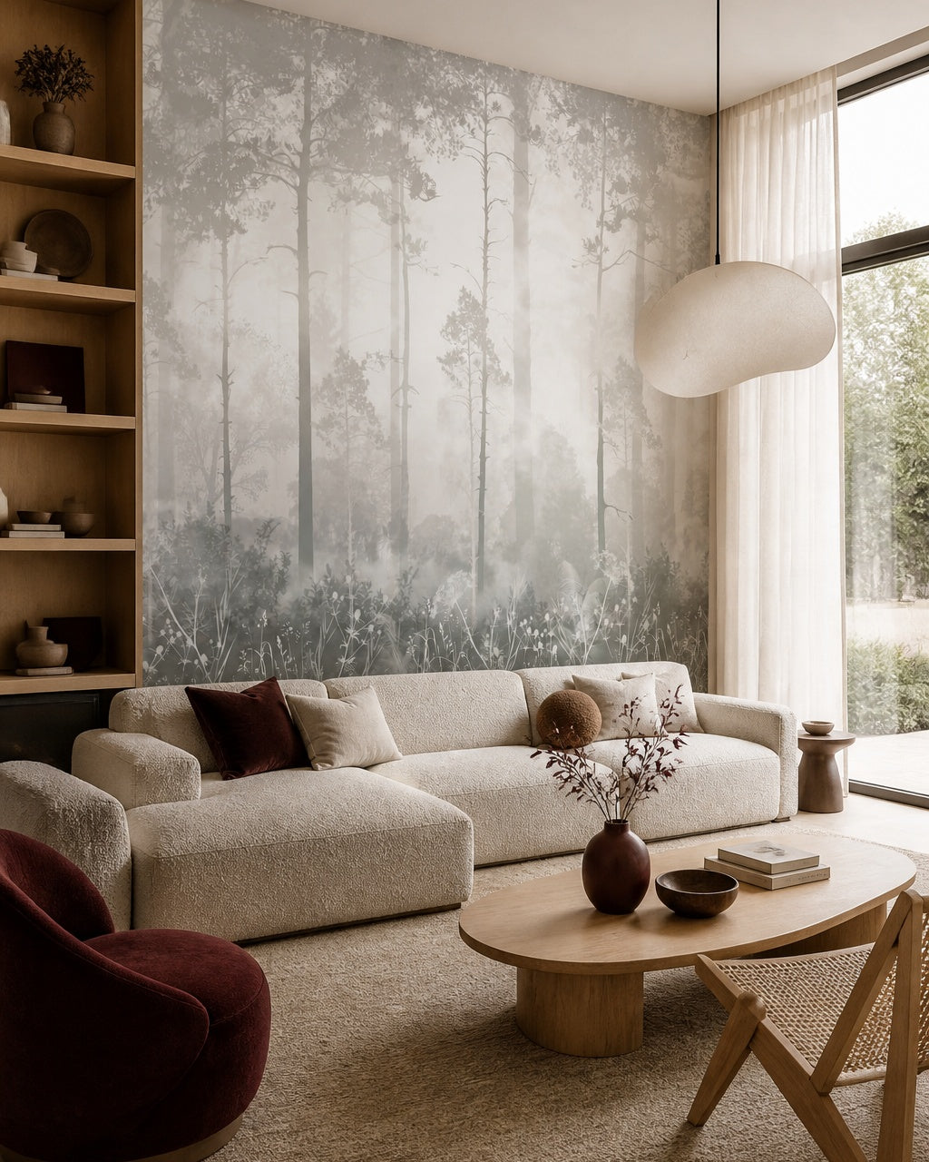 Ethereal misty forest wallpaper in a designer living room.