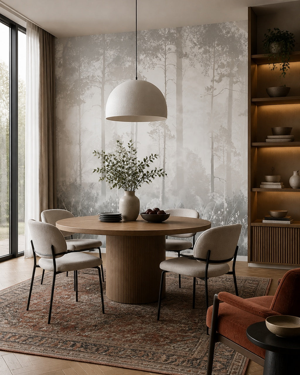 Ethereal misty forest wallpaper in a refined dining area.