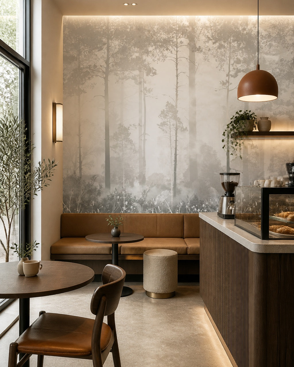 Ethereal misty forest wallpaper in a specialty coffee shop.
