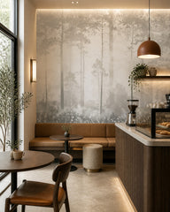 Ethereal misty forest wallpaper in a specialty coffee shop.