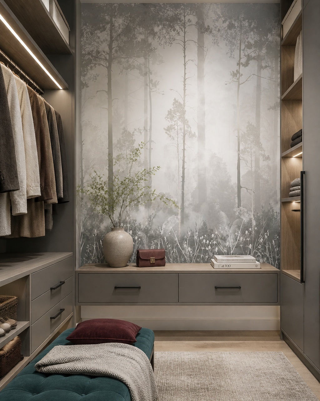 Ethereal misty forest wallpaper in a walk-in wardrobe.