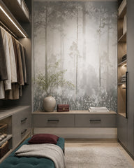 Ethereal misty forest wallpaper in a walk-in wardrobe.