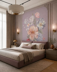 Pastel flower bouquet wallpaper in a designer bedroom.