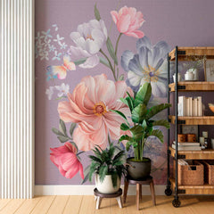 Custom Pastel Floral Bouquet Wall Mural - Romantic Pink, Lavender, and Blue Flowers on Purple Background Wallpaper