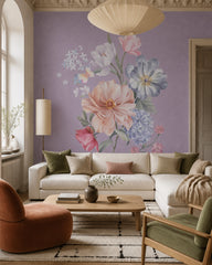 Pastel flower bouquet wallpaper in a designer living room.