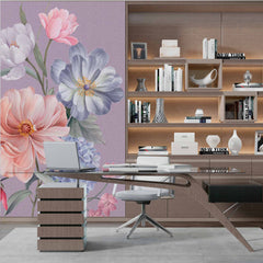 Custom Pastel Floral Bouquet Wall Mural - Romantic Pink, Lavender, and Blue Flowers on Purple Background Wallpaper