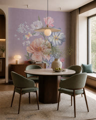 Pastel flower bouquet wallpaper in a refined dining area.