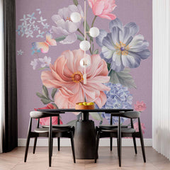 Custom Pastel Floral Bouquet Wall Mural - Romantic Pink, Lavender, and Blue Flowers on Purple Background Wallpaper