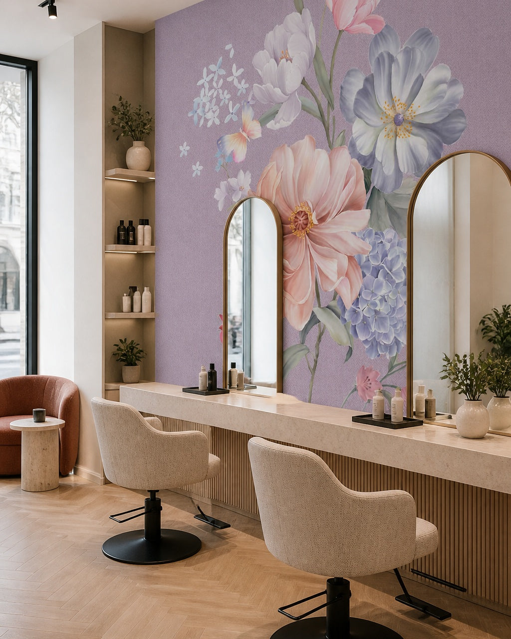 Pastel flower bouquet wallpaper in a beauty salon.