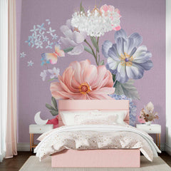 Custom Pastel Floral Bouquet Wall Mural - Romantic Pink, Lavender, and Blue Flowers on Purple Background Wallpaper