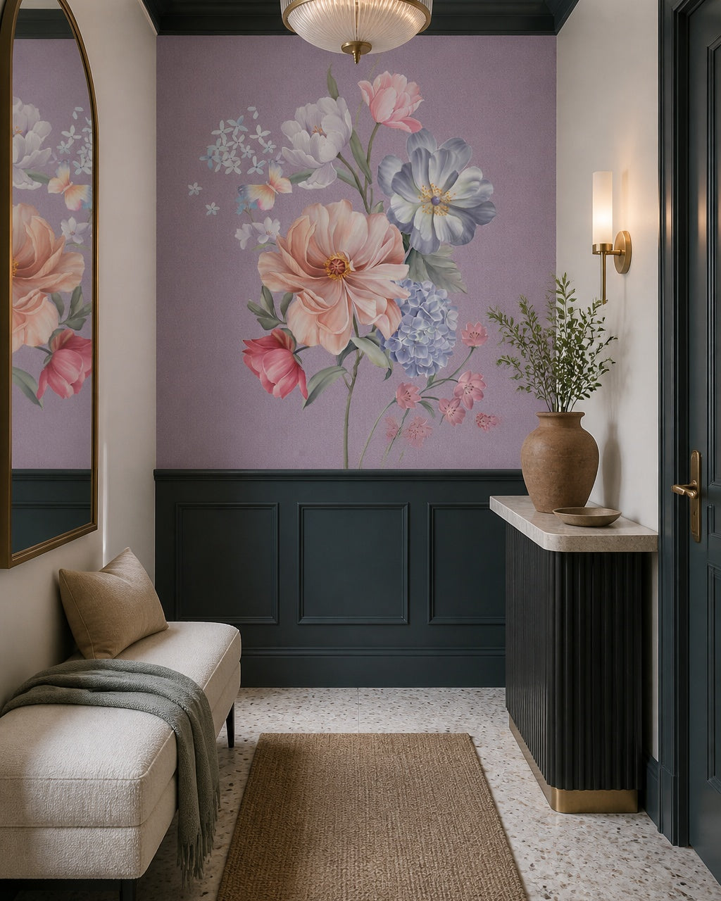 Pastel flower bouquet wallpaper in a designer entrance hall.