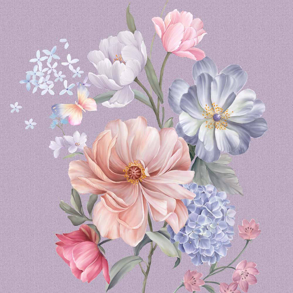 Papier peint bouquet de fleurs pastel – Papier peint panoramique fleurs roses et bleues sur lilas