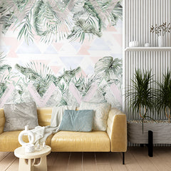 Custom Tropical Leaf Wallpaper Mural with Geometric Background