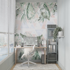 Custom Tropical Leaf Wallpaper Mural with Geometric Background