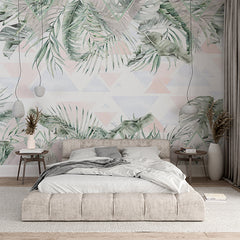 Custom Tropical Leaf Wallpaper Mural with Geometric Background