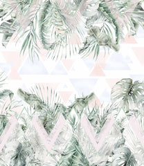 Custom Tropical Leaf Wallpaper Mural with Geometric Background