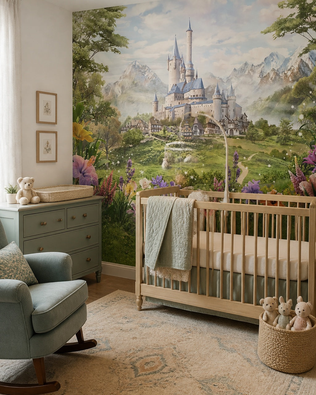Enchanted mountain castle nursery wallpaper in a modern nursery with a crib.