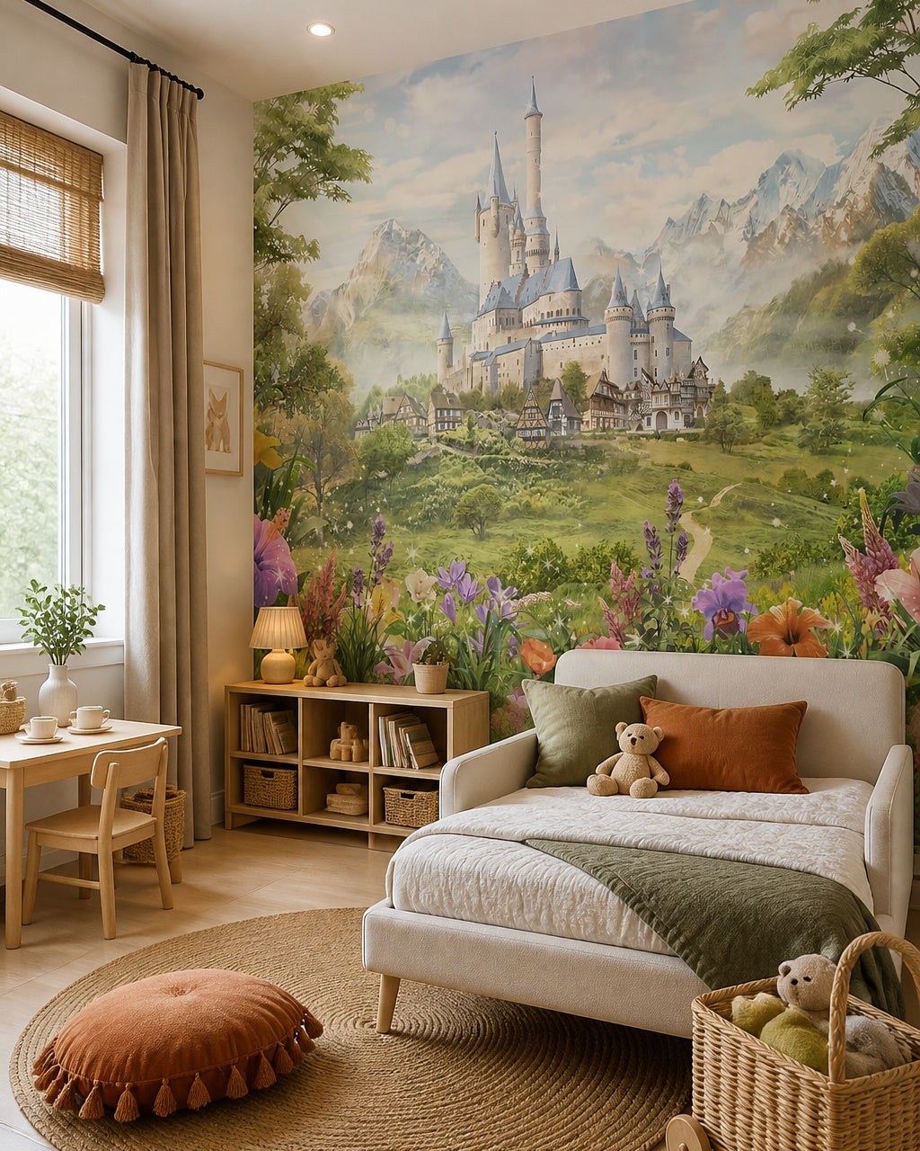 Enchanted mountain castle nursery wallpaper in a toddler bedroom with a child-sized bed.