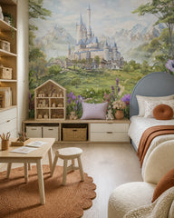 Enchanted mountain castle nursery wallpaper in a girl’s bedroom.