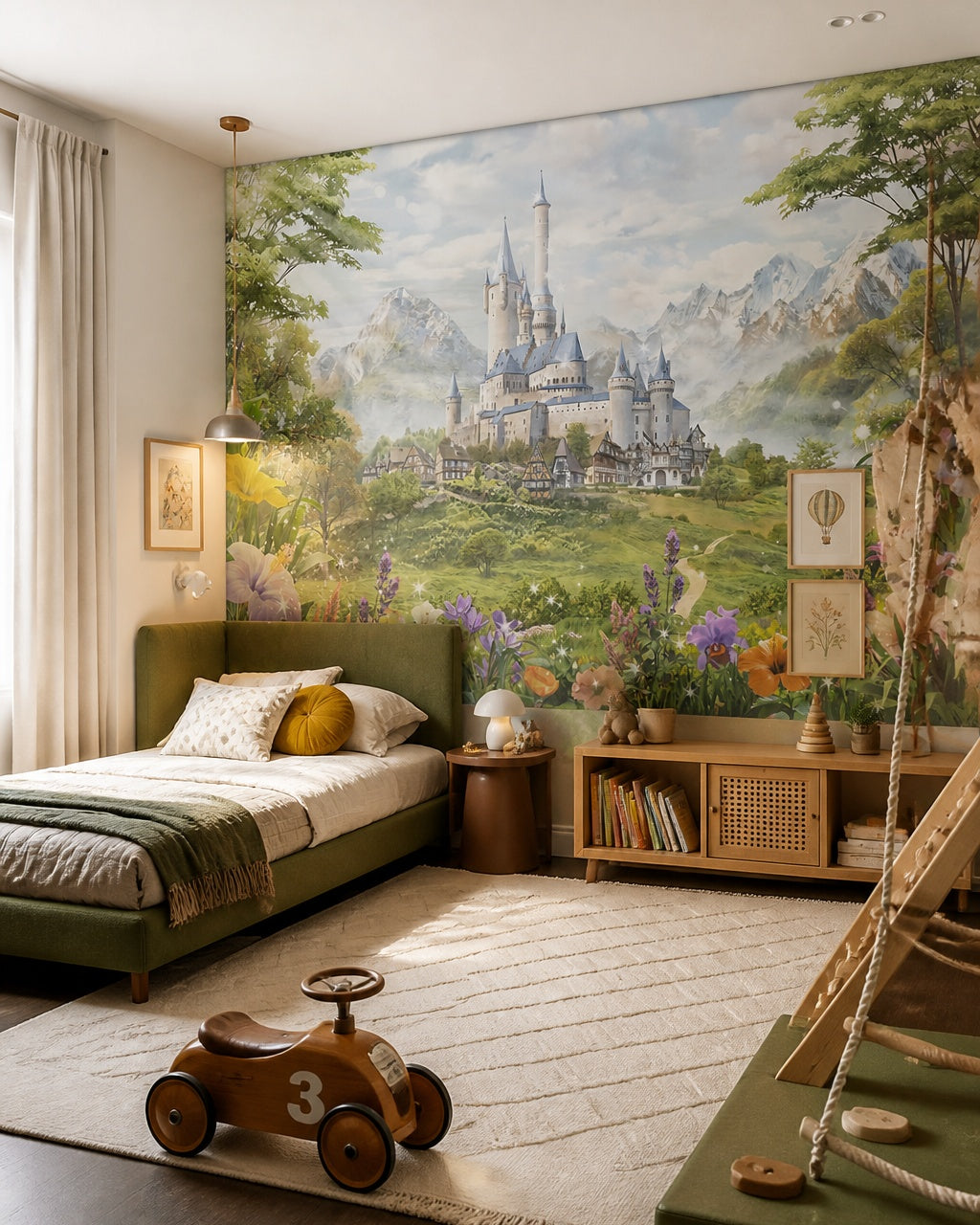Enchanted mountain castle nursery wallpaper in a boy’s bedroom.
