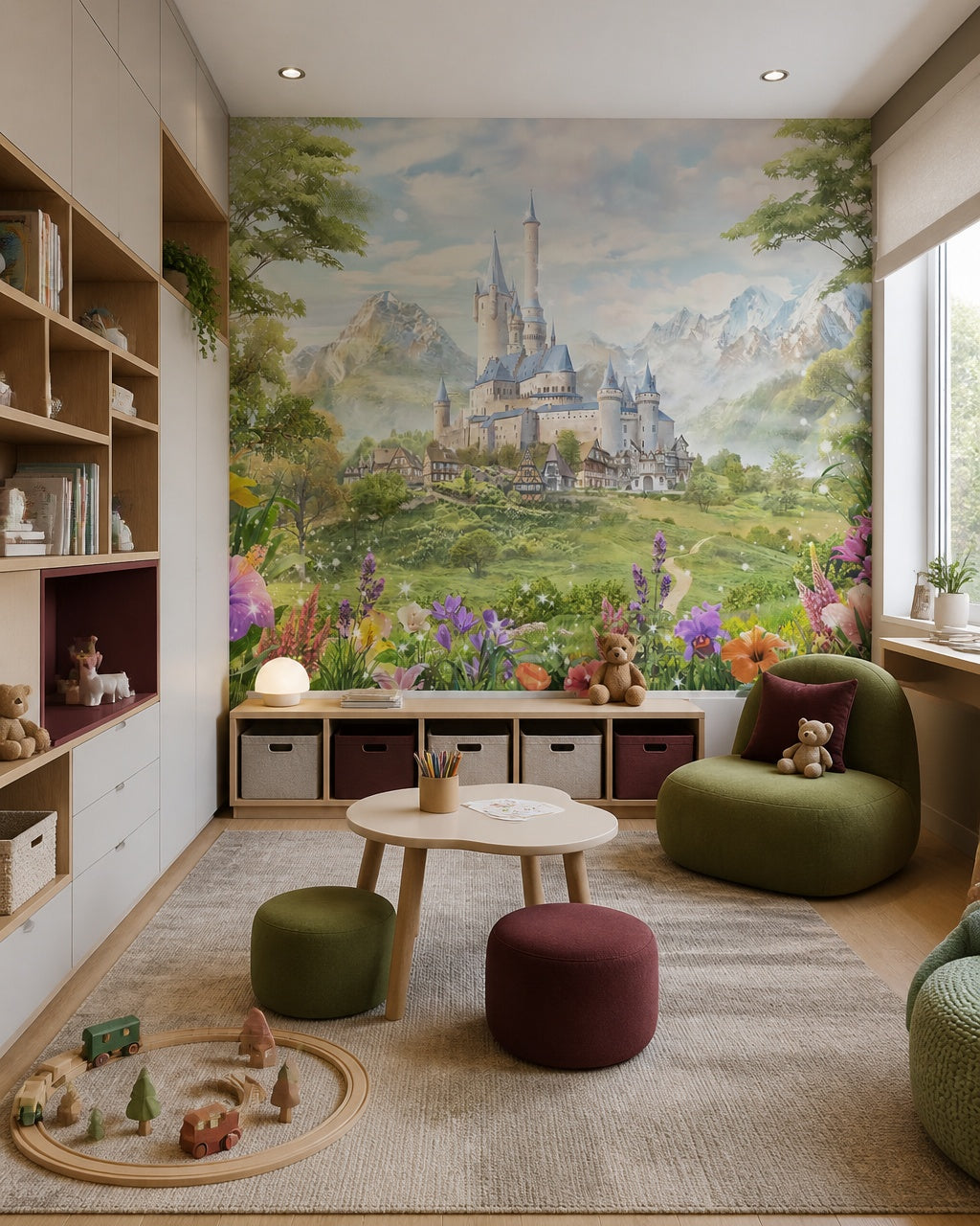 Enchanted mountain castle nursery wallpaper in a children’s playroom.