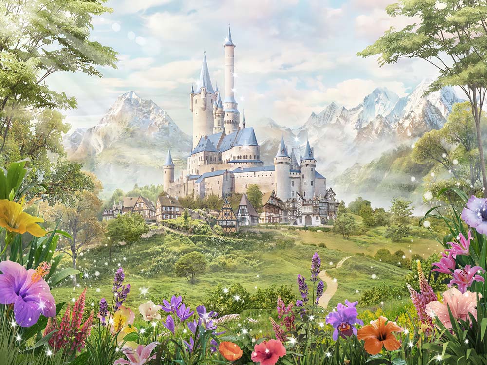 Kids Wall Mural Princess Castle Fairytale Meadow Flowers Wallpaper for Girl