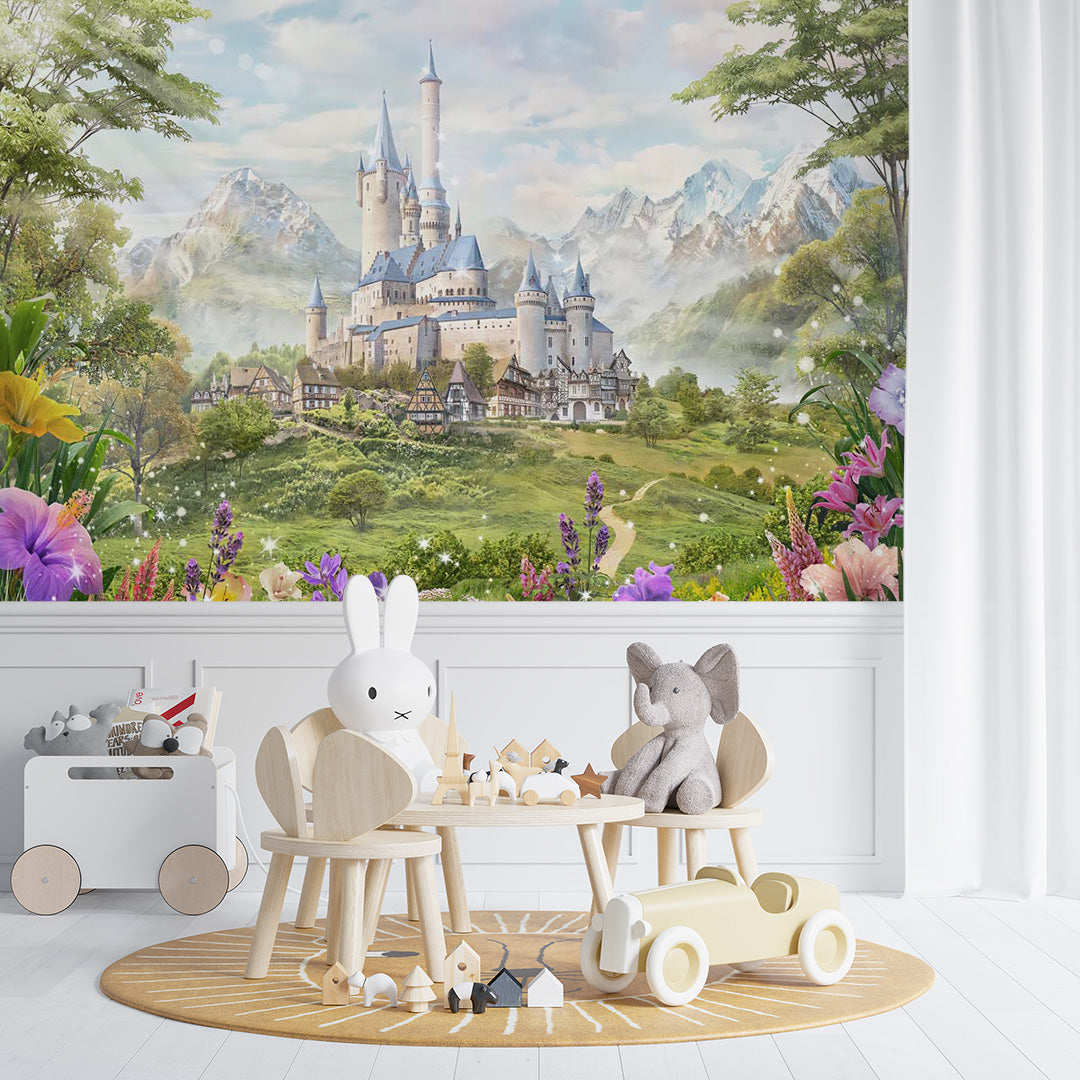 Kids Wall Mural Princess Castle Fairytale Meadow Flowers Wallpaper for Girl