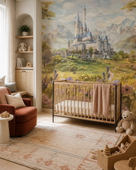 Enchanted mountain castle nursery wallpaper in a modern nursery with a crib.