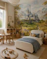 Enchanted mountain castle nursery wallpaper in a toddler bedroom with a child-sized bed.