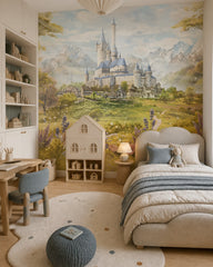 Enchanted mountain castle nursery wallpaper in a girl’s bedroom.