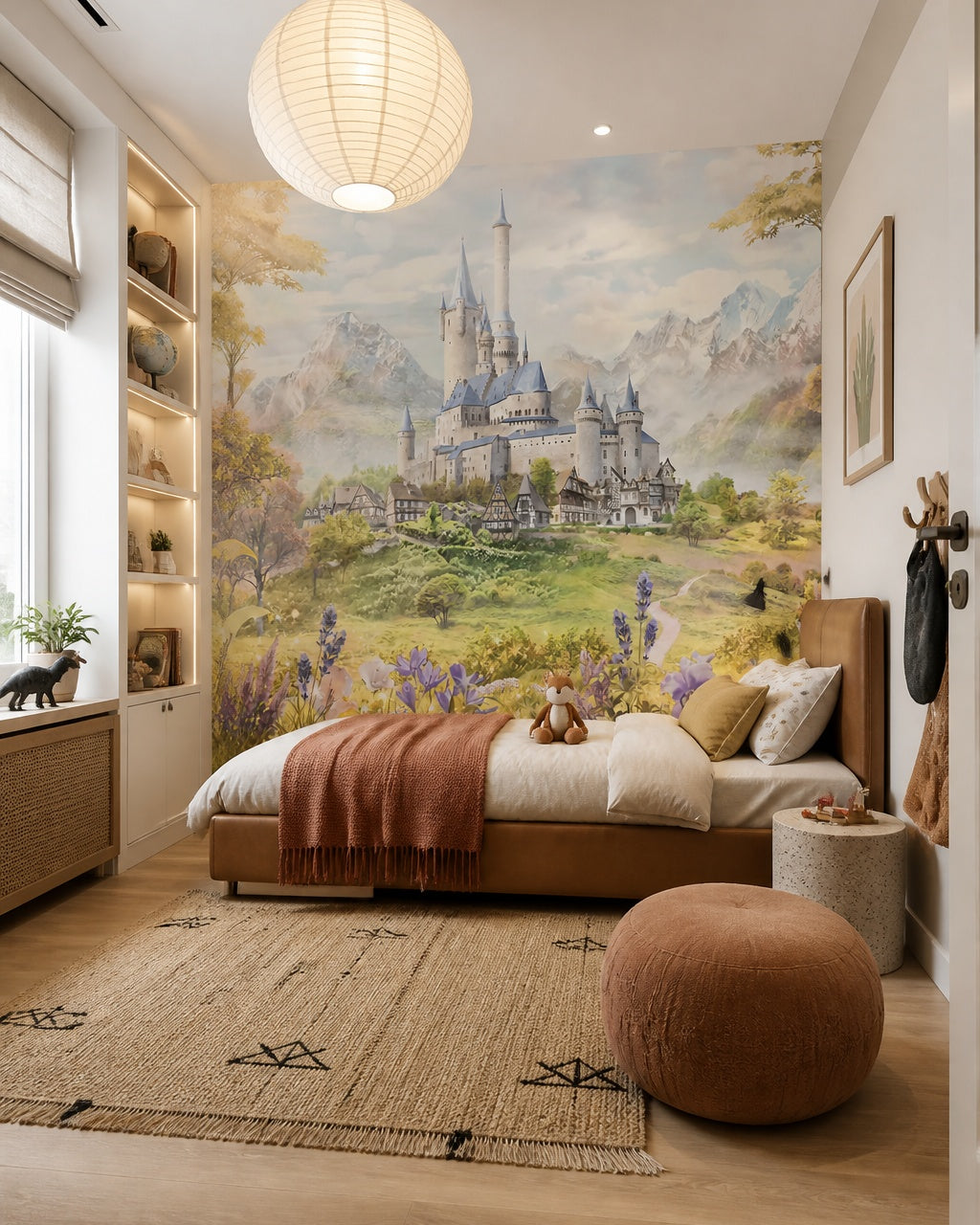 Enchanted mountain castle nursery wallpaper in a boy’s bedroom.