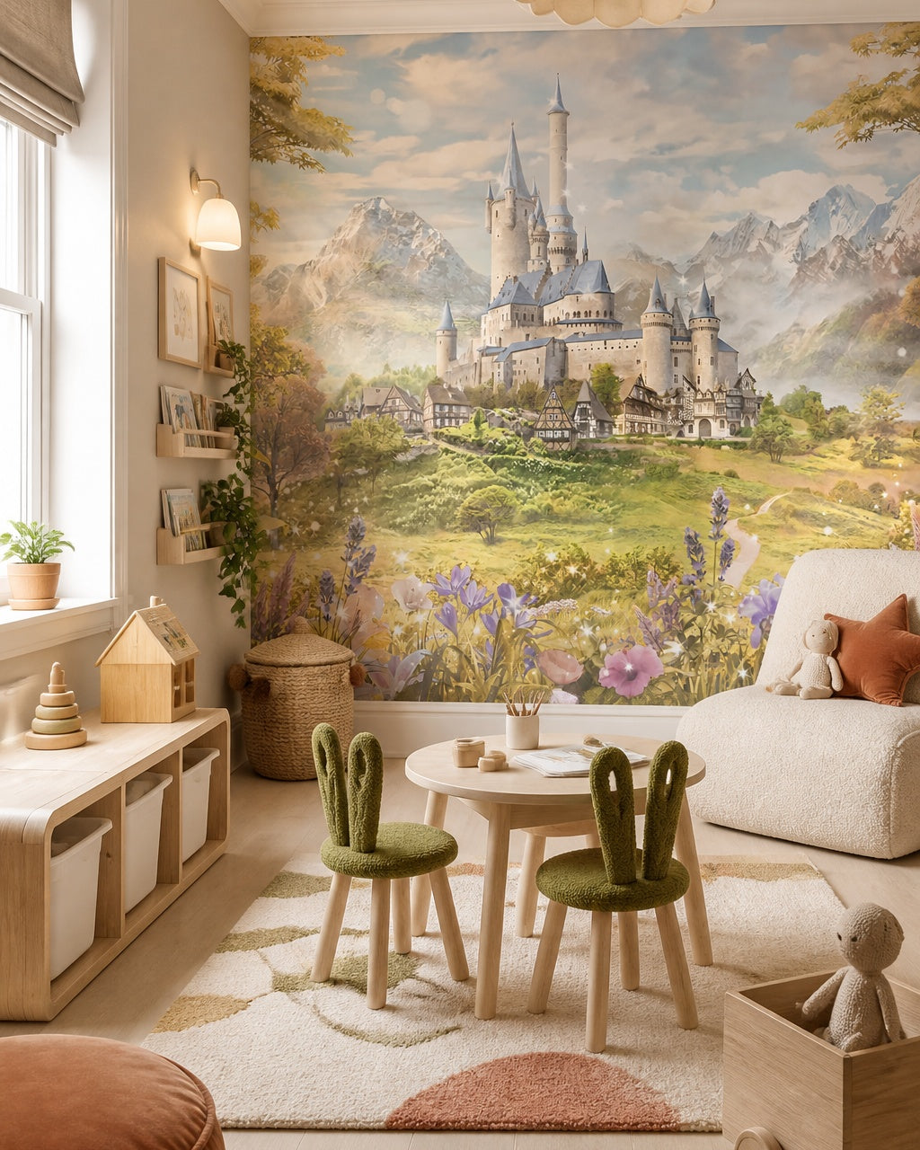 Enchanted mountain castle nursery wallpaper in a children’s playroom.
