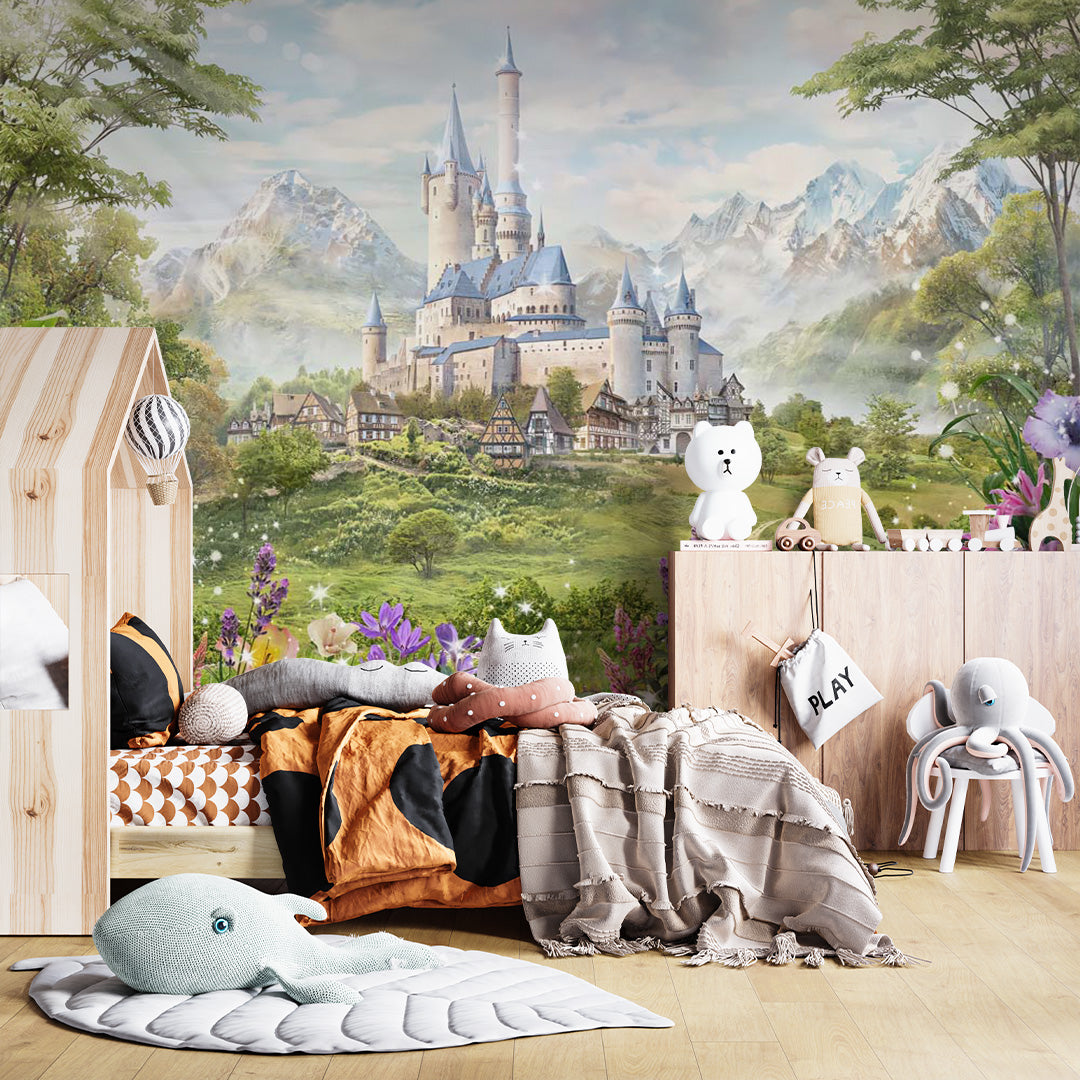 Kids Wall Mural Princess Castle Fairytale Meadow Flowers Wallpaper for Girl