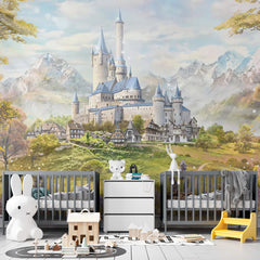 Custom Kids Wall Mural Princess Castle Fairytale Meadow Mountains Wallpaper for Girl