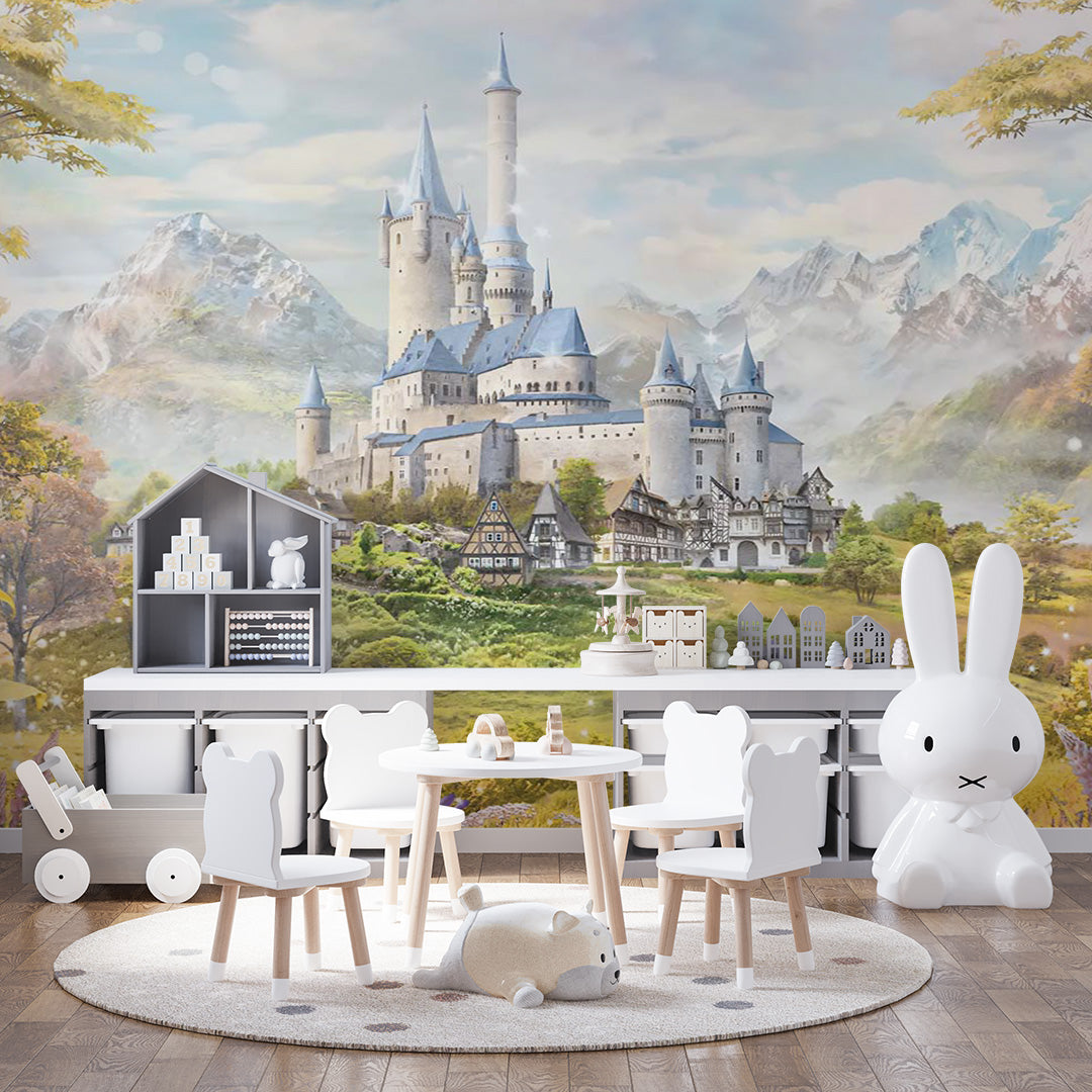 Kids Wall Mural Princess Castle Fairytale Meadow Mountains Wallpaper for Girl