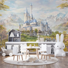 Custom Kids Wall Mural Princess Castle Fairytale Meadow Mountains Wallpaper for Girl