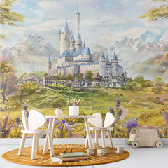 Custom Kids Wall Mural Princess Castle Fairytale Meadow Mountains Wallpaper for Girl