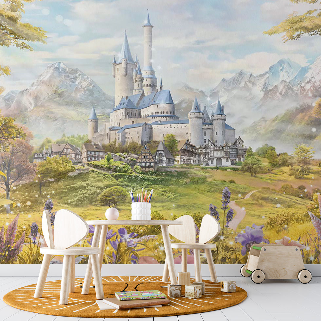 Kids Wall Mural Princess Castle Fairytale Meadow Mountains Wallpaper for Girl