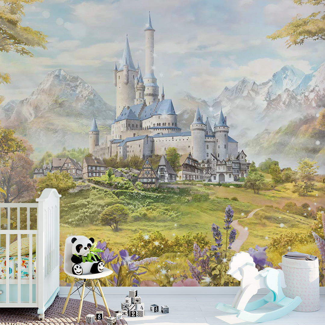 Kids Wall Mural Princess Castle Fairytale Meadow Mountains Wallpaper for Girl